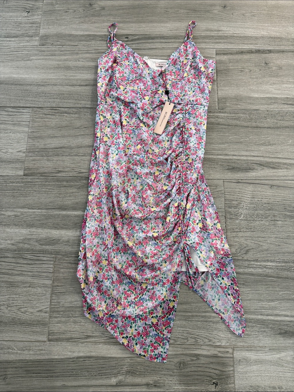 BCBGeneration Pink Floral Midi Slip Dress with Spaghetti Straps
